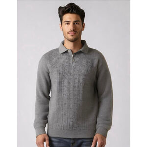 Solomon & Son Men's Polo Sweater XL Gray Long Sleeve Cable Knit Collard Preppy